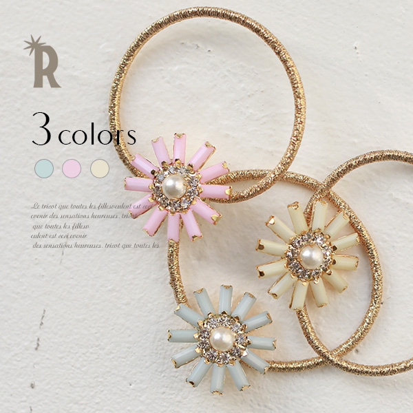 ラインストーン×パールビーズパステルフラワーヘアゴム(M-050)※返品交換不可